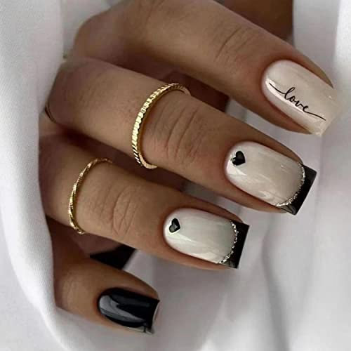 24pcs French False Nails White Tip Short Square Press on Nails Cute Acrylic Full Cover Stick on Nails with Love Designs Black Heart Fake Nails Women Girls Nail Art Accessories