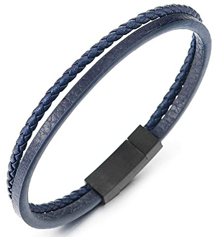 COOLSTEELANDBEYOND Bracciale Sottile Intrecciato in Pelle Blu Navy a Due Fili con Chiusura Magnetica in Acciaio per Uomo e Donna
