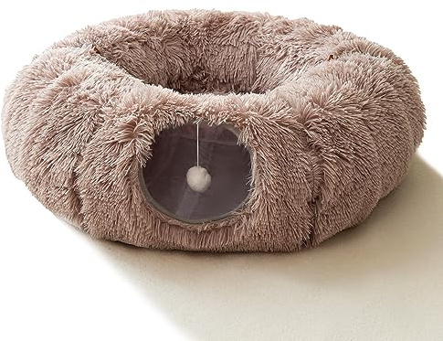 HIPIPET Winter Plüsch Katzentunnel mit Bett für kleine mittelgroße große Katzen, Multifunktionales Katzenspielzeug (Hellbraun)
