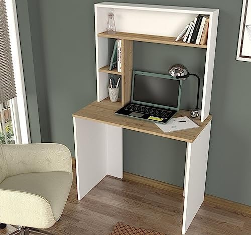 DORPEK Ferano Study Desk White - Sapphire, 3 Tier Bookcase Writing Desk, Small Computer Table, Laptop and Study Table, 3 Open Storage Shelves, Office, Study Room, Living Room