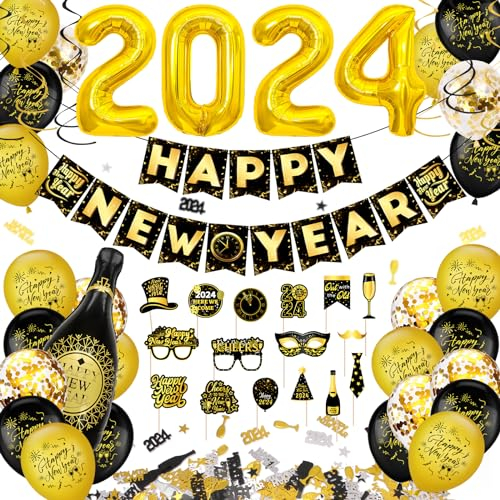 Silvester Deko 2024 Schwarz Gold, New Year Decoration 2024, Neujahr Deko 2024, Silvester Party Deko 2024,Folienballon Silvester,New Year Deko Banner, luftballons silvester 2024 für Silvesterparty