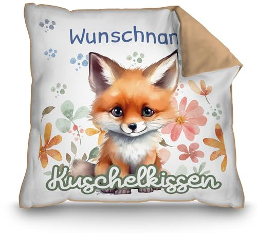 PR Print Royal Personalisiertes Kuschel-Kissen für Kinder mit Füllung - mit Name selbst gestalten - Fuchs Kissen für Mädchen und Jungs, Kinderkissen mit Name | 40 x 40 cm, Rückseite Mokka
