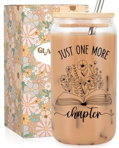 Fairy's Gift Buchliebhaber-Geschenke, 473 ml, Kaffeetasse aus Glas mit Deckel, Strohhalm, nur ein weiteres Kapitel, Buchtasse – Muttertag, Geburtstag, Lesegeschenke für Frauen, Leser, Bibliothekar