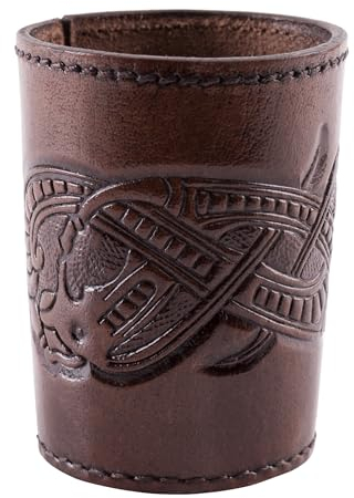 Ulfberth - Tazza a cubo vichingo di alta qualità con motivo drago, in vera pelle, stile medievale, LARP, rieenactment (marrone scuro)