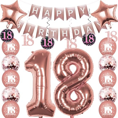 Pargleev Rose Gold 18th Birthday Decorations, Number 18 Foil Balloons | 14-balloon kit: two 32in Number 18 foil balloons, banner, star, latex & confetti balloons, glitter swirls; air or helium