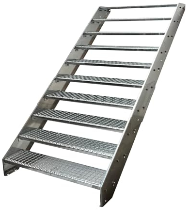 Kaminbau Mierzwa Premium Stahl Treppe komplett Verzinkt / 10 Stufen verzinkt (Breite 1000 mm) (Höhe 190 cm) Wetterfest Gitterroststufe Gartentreppe