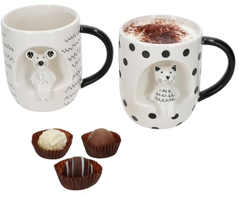 MamboCat Lot de 2 tasses jumbo chat et souris pour 2 personnes - 400 ml - Grande tasse en céramique avec pois noirs et motif zigzag - Tasse XL avec chat et souris 3D - Pour thé, café, cacao, etc