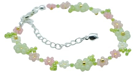 Ichlovdu Blumen Perlen Armband Handgefertigt Gänseblümchen Boho Böhmische Armbänder für Frauen Mädchen Grün Rosa
