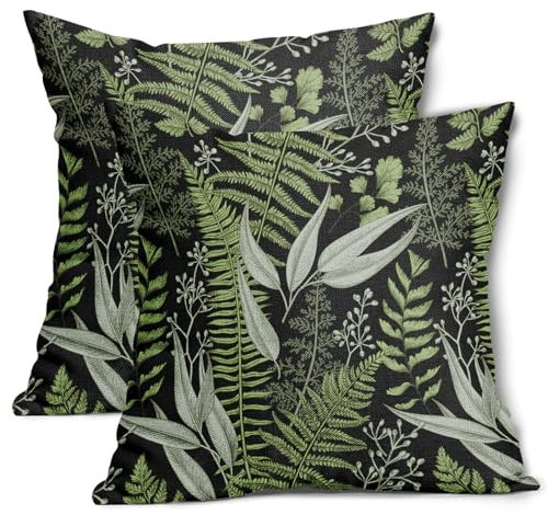 Kawani Green Leaf Plant Pillow Covers 18X18 Inch Herbs Botanical Fern Vintage Leaves Floral Decorative Pillow Cases Set of 2 Black Throw Pillows Farmhouse Home Decor for Sofa Couch Cushion Outdoor