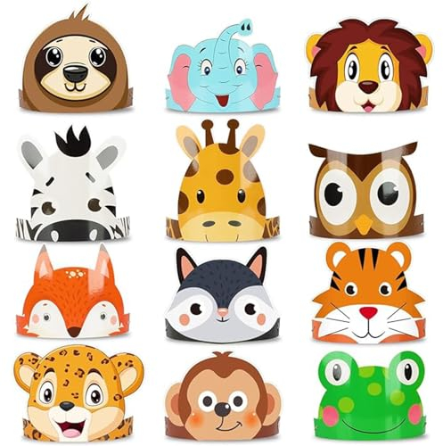 Tier Geburtstag Party Hüte, 24PCS Tierische Stirnbänder Dschungel Safari Tier Geburtstag Papier Party Krone für Kinder, Tierkostüm DIY Geschenk Fotorequisiten Zubehör für Kinder Geburtstag Fiesta