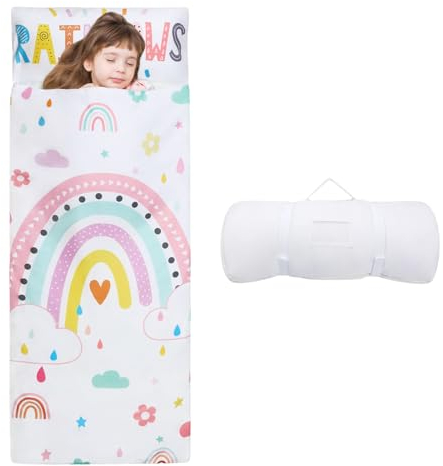 Schlafsack Kinder Doppelter Reißverschluss Weich Warm, Faltbare Kinderschlafsack mit Kissen Abnehmbar für Mädchen Jungen, Leicht Reinigen Schlafsack für Outdoor Indoor Camping, 150×60cm Regenbogen