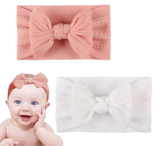 2PCS Baby Headbands Newborn Baby Headbands Flexibility Nylon Spandex Babe Girl Bows Soft Headband for Babies Kids Gift as Toddler Headdress Photography Props Accessories(White Pink)