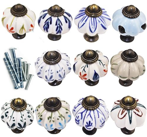 YOUYOUULU Handbemalte Keramikknäufe – 11 bunte Porzellangriffe – runde Kürbis-Schrankknöpfe für Heimwerker, Kommode, Kleiderschrank, Möbel, Dekor