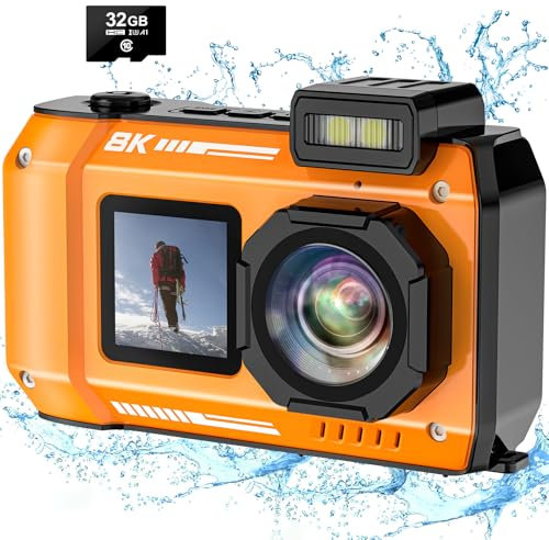 Digital Camera, YISENCE 8K Robust Waterproof Dustproof Shockproof Digital Camera with 32GB Card 70MP Autofocus Selfie with Two Screens 33ft Underwater Camera for Snorkelling Digital Compact Cameras