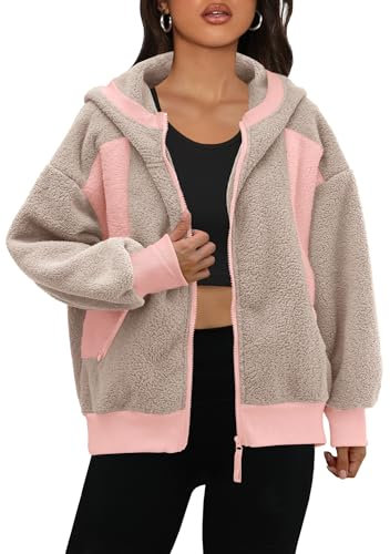 Panadila Flauschige Damen-Fleecejacke mit Reißverschluss, übergroßer Kapuzenpullover, Sherpa-Mantel, warme Mäntel, Farbblock-Top, Oberbekleidung mit Taschen, Pink Khaki Combo, L