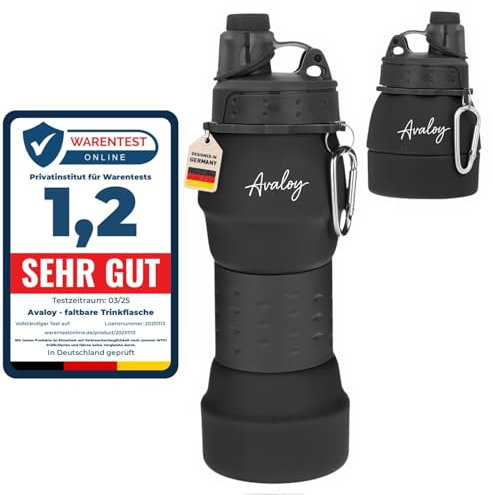Avaloy faltbare Trinkflasche auslaufsicher Trinkflasche Silikon 600 ml trinkflasche für kohlensäurehaltige Getränke Wasserflasche weiche Flasche Festival Flasche (Schwarz)