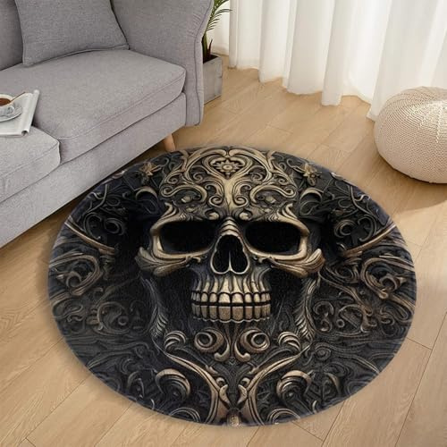 WANAHTON Round Rugs for Living Room Halloween Wohnzimmer Runder Teppich mit Totenkopf auf schwarzem rutschfest, bequem für Wohnzimmer Shaggy Schlafzimmer Bettvorleger 80 cm