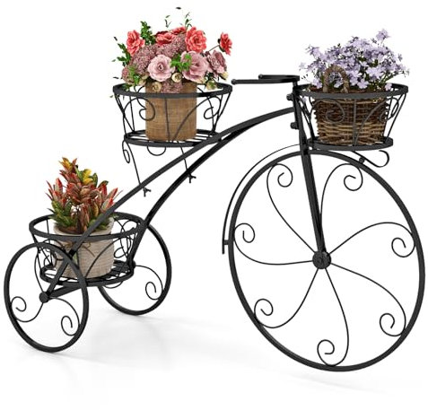 COSTWAY Support pour Plantes Tricycle, Porte-Pot de Fleurs en Métal à 3 Niveaux avec 3 Panier Découpés et Roues Élégantes Style Parisien, pour Patio Jardin Balcon (Noir)