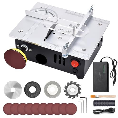 Mini sega circolare da tavolo con 4 lame e disco per lucidatura, alimentatore a 7 marce, regolabile Table Saw, 96 W, sega circolare da tavolo portatile, 0,1 – 15 mm, altezza regolabile e linguetta di
