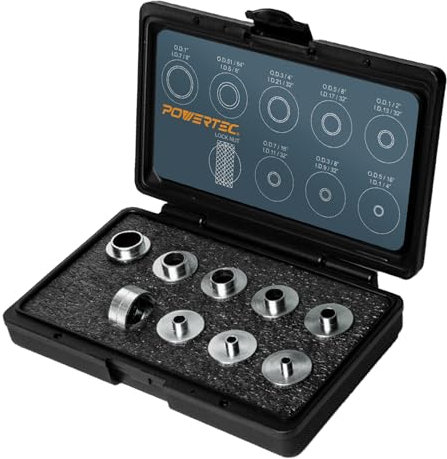 POWERTEC Router Guide, Router Bushing Guide Set, Router Template Guide 10 Pcs w/Storage Case, Fits Porter Cable Style Router Sub Base Plate. Size 5/16 to 1 Router Inlay Kit for Woodworking (71051E)