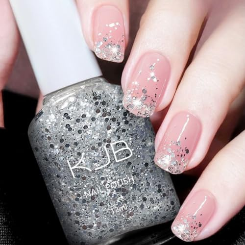 Glitter Nail Polish - Silver Glitter Nail Varnish - Shimmer Silver Nail Polish - Clear Nail polish Diamond - Sparkle silver nail varnish - Quick Drying Long Lasting nail varnish For Women Girls