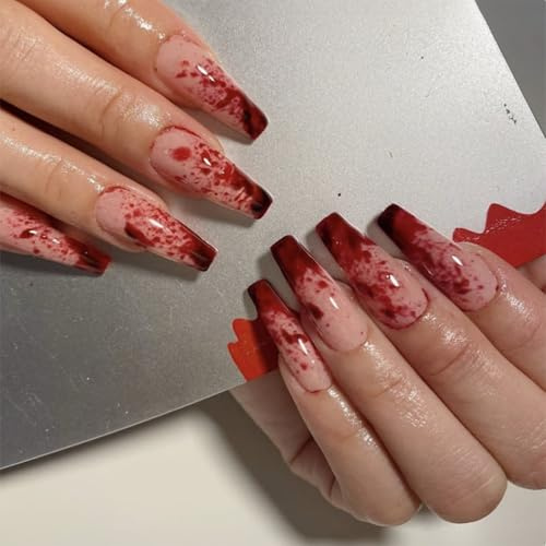 Halloween False Nails - Red Blood Coffin Press on Nails, Spooky Fake Nail Tips for Women, DIY Manicure Kit for Party Festival Holiday, 24pcs