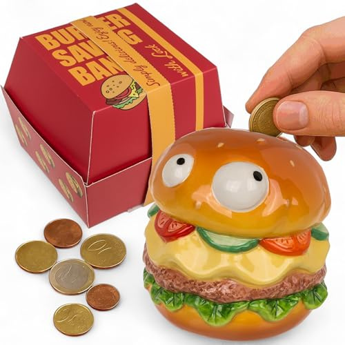 MIJOMA Spardose Burger mit Augen aus Keramik – mit Schloss und Schlüssel, Münzschlitz Oben – geliefert in Burger-Box, ca. 12 x 11 cm