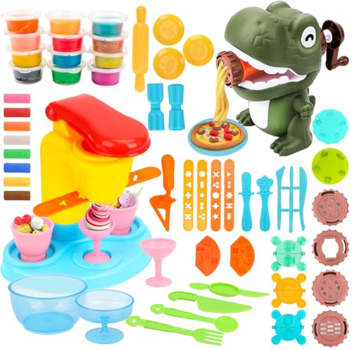 WOOWAIR 58 Stück Knete Set für Kinder, 2 in 1 Knetwerkzeug mit Eismaschine & Dinosaurier-Nudelmaschine,12 Dosen Knetmasse, Kinderknete-Küchenkreationen Spielzeug Geschenk für ab 3 Jahre