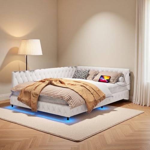 Henunem Polsterbett Schlafsofa 140x200 mit LED und USB-Anschluss,Tagesbett Daybett Bett Sofa Gästebett Jugendbett Couchbett, Bettgestell mit Lattenrost, ohne Matratze(Beige-Teddystoff-A)
