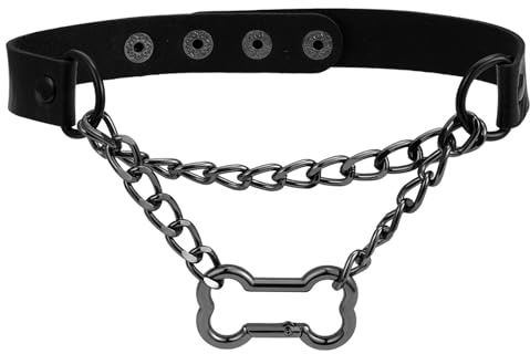 Flongo Choker Halsband Leder für Damen: Silber Gothic Knochen Anhänger Kette - Verstellbar O-Ring Punk Rock Halskette - Halloween Festival Dark Alternative Schmuck - Slip Chain 39-43cm