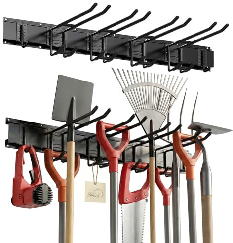 Ribech Range-mural pour Outils de Garage – Rail de Rangement 81 cm avec 6 Crochets (2 Types), Crochets Caoutchoutés, Capacité 140 kg, pour Outils de Jardin, Skis, Balais, Pelles – Fixation Murale