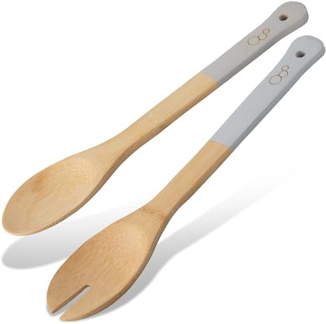 Fackelmann Salatbesteck Bambus Balance – 100% FSC Bambus, 30 x 6 x 0,8 cm, Mineral Grey Griff, schonend für beschichtete Küchenutensilien