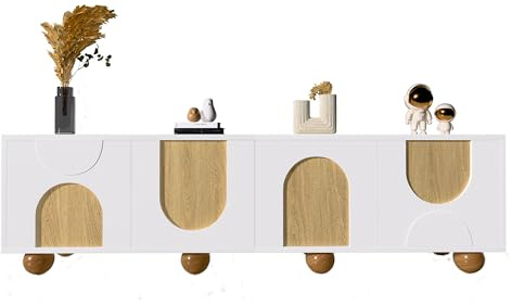 I0I&I0I Tv Schrank im Modernen Minimalistischen Lowboard Stil, Elegantes Lowboard mit Vier Türen für Ordnung, Dekoration und Mediengeräte (Natur und Weiß)