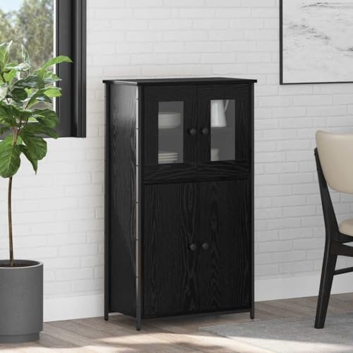 Fangmaliuyun Highboard Schwarz Eiche-Optik 62 x 32 x 106,5 cm wohnzimmerschrank mit 4 Türen und Metallbeinen Modernes Sideboard für Küche Flur Schlafzimmer