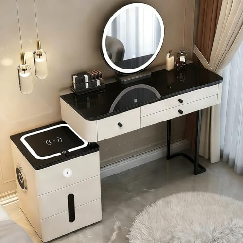 Moderner Schminktisch mit 3 verstellbare Lichtfarben LED-Spiegel, 100CM Frisiertisch mit Glas-Tischplatte, Kosmetiktisch mit 5 Schubladen, Makeup Tisch für Mädchen Schlafzimmer (Schwarz + Weiß)