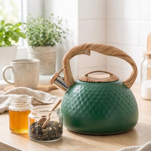 3L Whistling Kettle for Stove Top with Wood Grain Handle, Green | Stainless Steel Tea Kettle with Loud Whistle for Induction Gas Electric and Ceramic Hobs