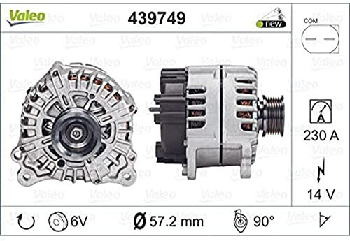 VALEO-439749-Alternador- Intensidad de carga del alternador: 230 Amp - Estrías: 6 estrías - Polea de correa: 57,2 mm - Tensión: 14 V - Sentido de rotación: CLOCKWISE
