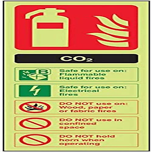 V Safety 11004AJ-G Glow In The Dark Co2 Id Fire Extinguisher Sign - 100mm x 280mm - Rigid Plastic, Black/Green/Red