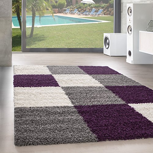 SIMPEX Teppich Wohnzimmer Shaggy Moderne Kariert Design Violett 120 x 170 cm - Hochflor Teppich Schlafzimmer Extra Weich und Pflegeleicht - Flauschiger Teppich Langflor für Küche Carpet Living Room