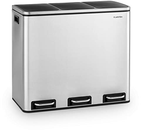 KLARSTEIN Grandmaster Trash Rubbish Bin Waste Bin Pedal Bin Trash Separator - 54L Capacity w/ 3 x 18L Buckets, Recycling, Material: PP/Stainless Steel Case, Handles, Brushed Stainless Steel/Black
