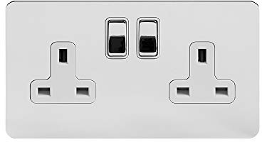 Soho Lighting Polished Chrome Flat Plate 13A 2 Gang Switched Plug Socket, Double Pole Wht Ins Screwless