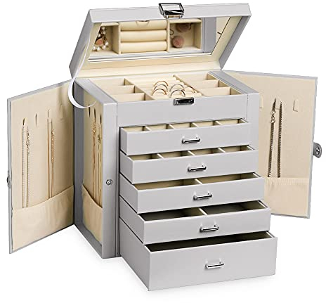 Frebeauty Große Schmuckschatulle, 6-stöckig, PU-Leder, Schmuck-Organizer, multifunktionale Aufbewahrungsbox mit Spiegel, Zubehörhalter mit 5 Schubladen für Halsketten, Armbänder, Uhren (grau)