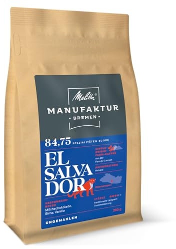 Melitta Manufaktur-Kaffee El Salvador, Spezialitäten-Kaffee, 250g, ganze Kaffee-Bohnen, ungemahlen, Single-Origin-Farm-Kaffee, sanfte Trommelröstung, geröstet in Deutschland, Stärke 3,5