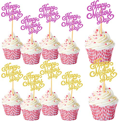 Spakon Lot de 60 décorations à paillettes pour cupcakes - Pour fête des mères - Doré et rose