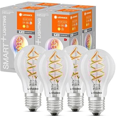 LEDVANCE Smarte LED-Lampe mit Wifi Technologie, E27, RGB, Birnenform, Farbiges Filament als Stimmungslicht, Ersatz für herkömmliche 60W-Glühbirnen, steuerbar mit Alexa, Google & App, 4er-Pack
