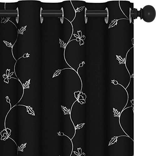 Deconovo Rideau Occultant Isolant Thermique Anti Froid, avec Oeillets, Chambre Salon Fille Gar?on, Motifs Argents Feuilles et Fleurs, 140x180 CM, Noir, 2 Pièces
