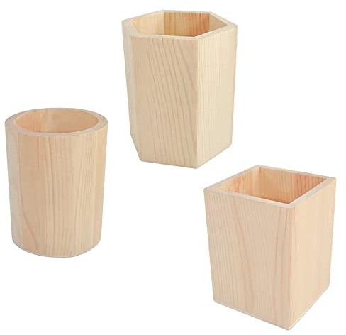 Belvanr Porte-Stylos en Bois 3 Pièces Bois Pen Support Porte-Stylo Bureau Boîte de Rangement Pots à Crayons en Bois Géométriques Pot à Crayons,Porte Crayons en Bois Carré Rond en Bois Pot à Crayons