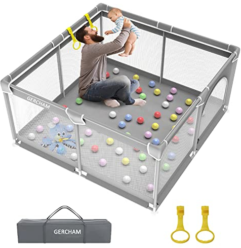 GERCHAM Laufstall Baby, Laufgitter Baby 127x127cm, Laufstall Baby Faltbar für Apartment mit Atmungsaktivem Netz und Saugnäpfen, Reißverschlusstür, Stabiler Sicherheitsspielplatz Innen