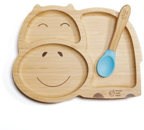 Moon and Moo Hippo Toddlers and Kids Bamboo Suction Plate - Non-Toxic Plastic Free Stay Put