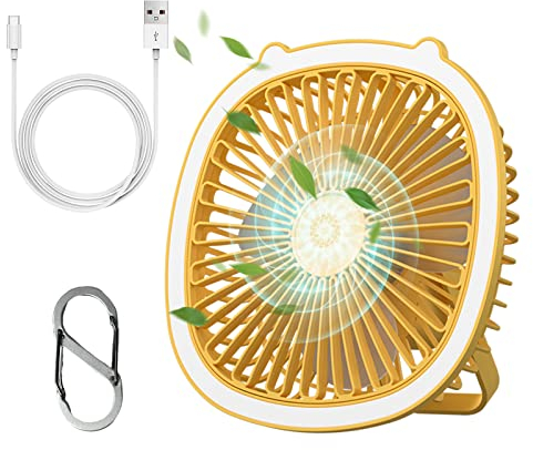 Techstuph Ventilador Portátil, Silencioso, 3 Velocidades, Luz LED, Pequeño, Amarillo